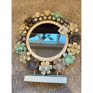NEW Vintage Boho Metal Flower Rustic Tabletop Mirror Floral Pastels 19.5"